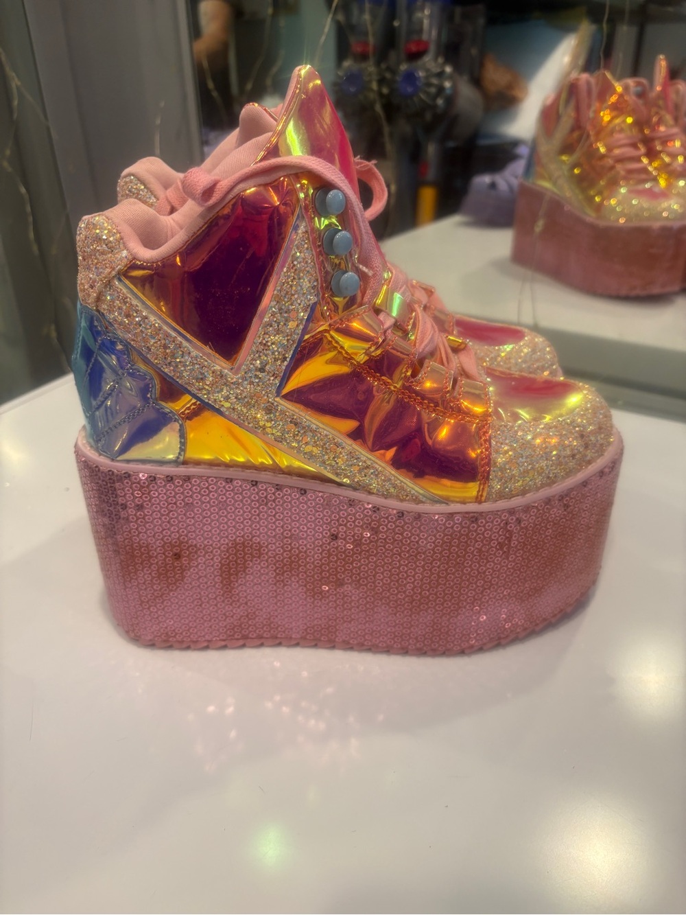 YRU Pink Iridescent Glitter Platform Sneakers